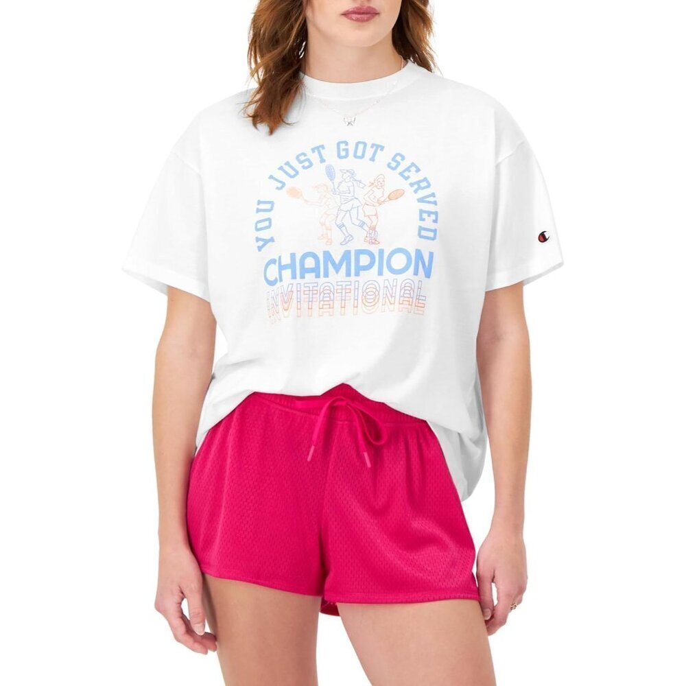 🆕 Women White Classic Oversized Comfortable Soft Ribbed Neckline Tennis T-Shirt